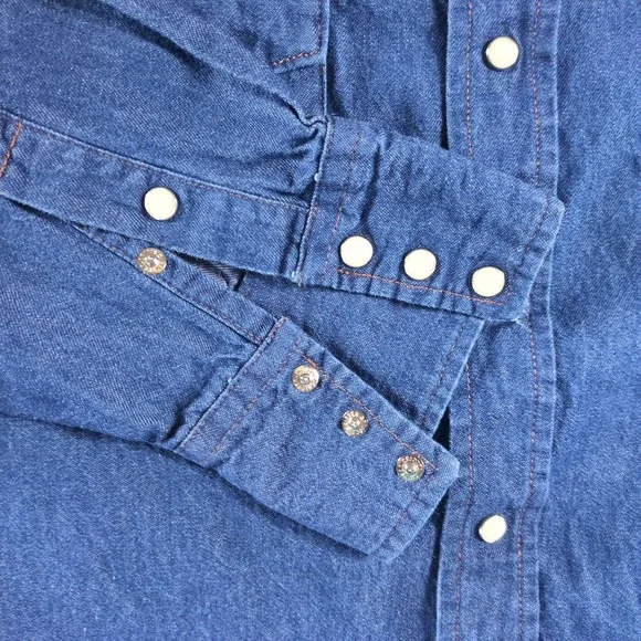 Wrangler Mens Long‎ Sleeve Denim Western Shirt XL Blue Cotton Snap Front - Picture 8 of 9